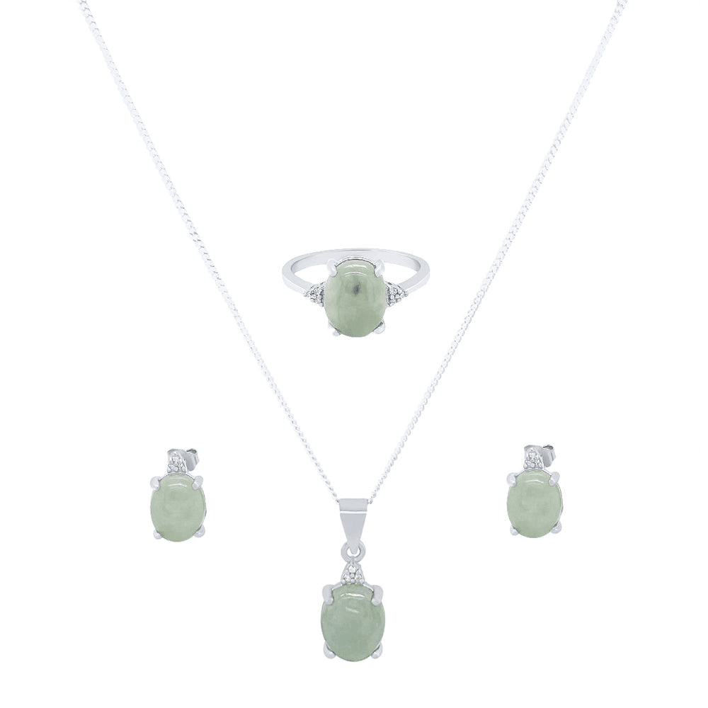 Oval Cut Jade and Diamond Jewellery Set in Sterling Silver Pendants Bevilles 