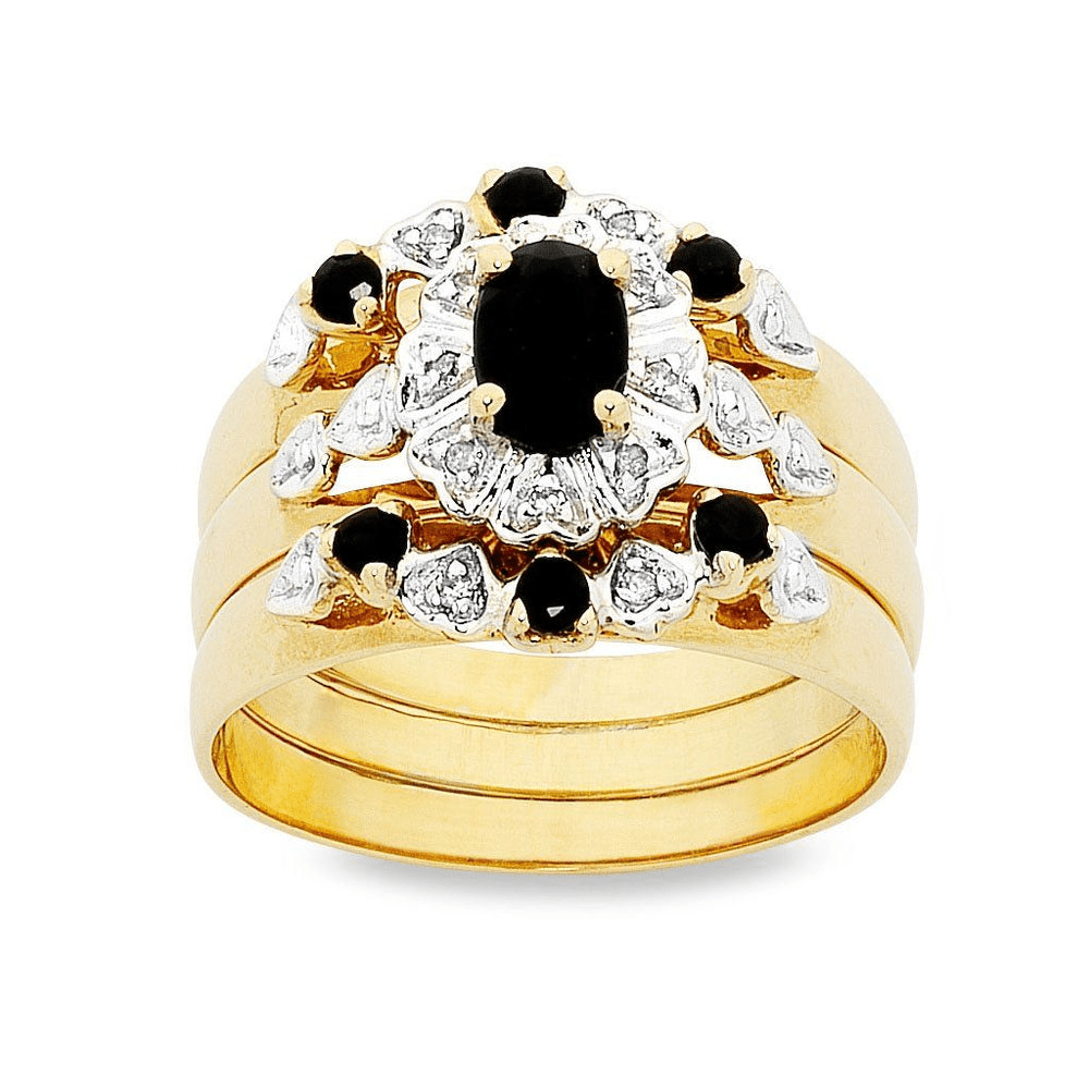 Diamond and Sapphire Three Ring Set in 9kt Yellow Gold Rings Bevilles 