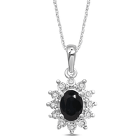 45cm Oval Created Sapphire Halo Necklace with 0.05tw of Diamonds in Sterling Silver Pendants Bevilles 