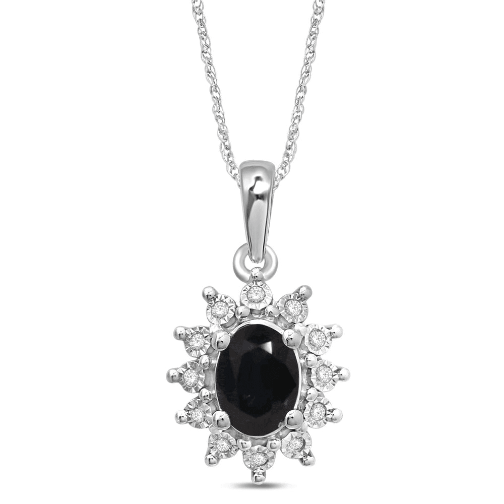 45cm Oval Created Sapphire Halo Necklace with 0.05tw of Diamonds in Sterling Silver Pendants Bevilles 