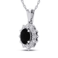 45cm Oval Created Sapphire Halo Necklace with 0.05tw of Diamonds in Sterling Silver Pendants Bevilles 
