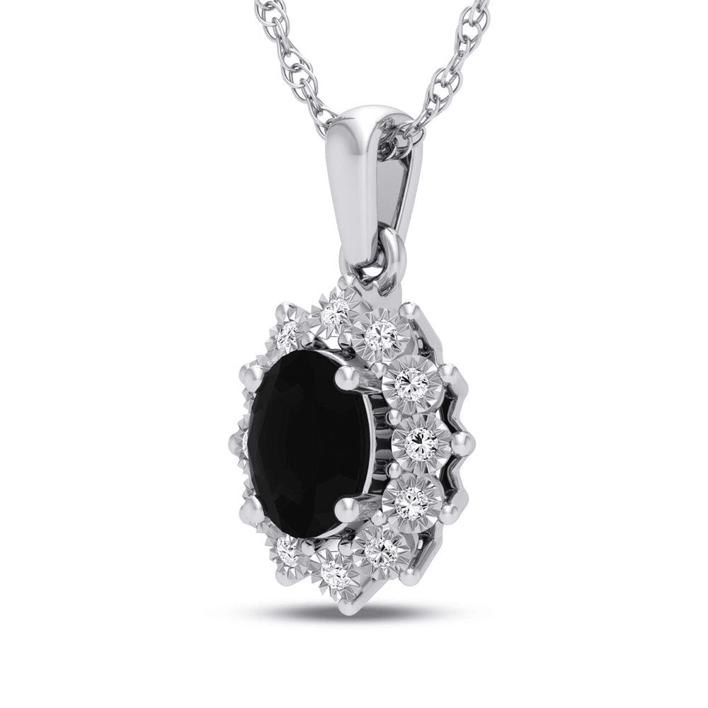45cm Oval Created Sapphire Halo Necklace with 0.05tw of Diamonds in Sterling Silver Pendants Bevilles 