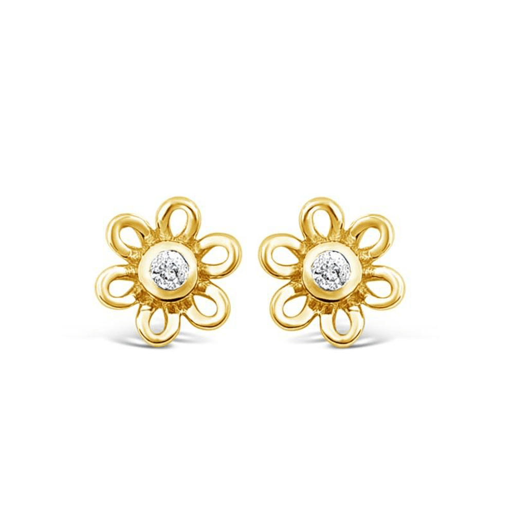 Children's Diamond Set Open Flower Earrings in 9kt Yellow Gold Earrings Bevilles 