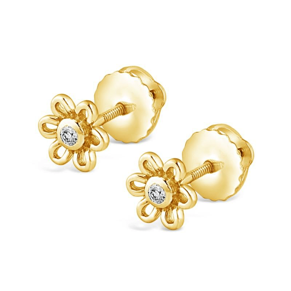 Children's Diamond Set Open Flower Earrings in 9kt Yellow Gold Earrings Bevilles 