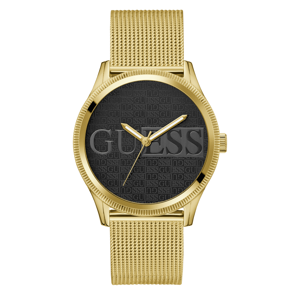 Guess Reputation Polished Gold Tone Case Sunray Black Logo Dial With Polished Gold Tone Mesh Bracelet GW0710G2 Bracelets Guess 