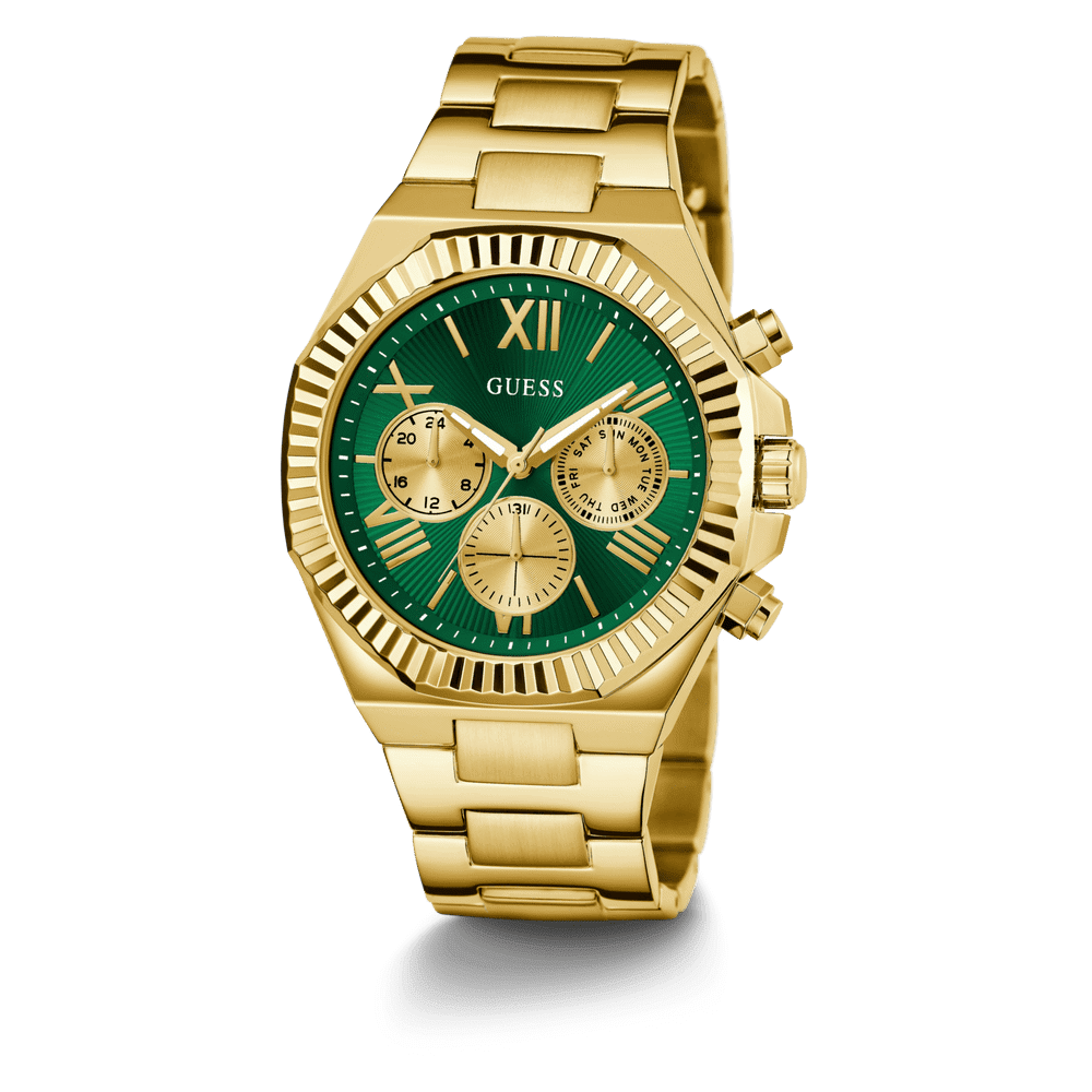 Guess Equity Brushed Gold Tone Case With Polished Gold Tone Bezel With Sunray Green Multifunction Dial And Brushed And Polished Gold Tone Bracelet GW0703G2 Watches Guess 