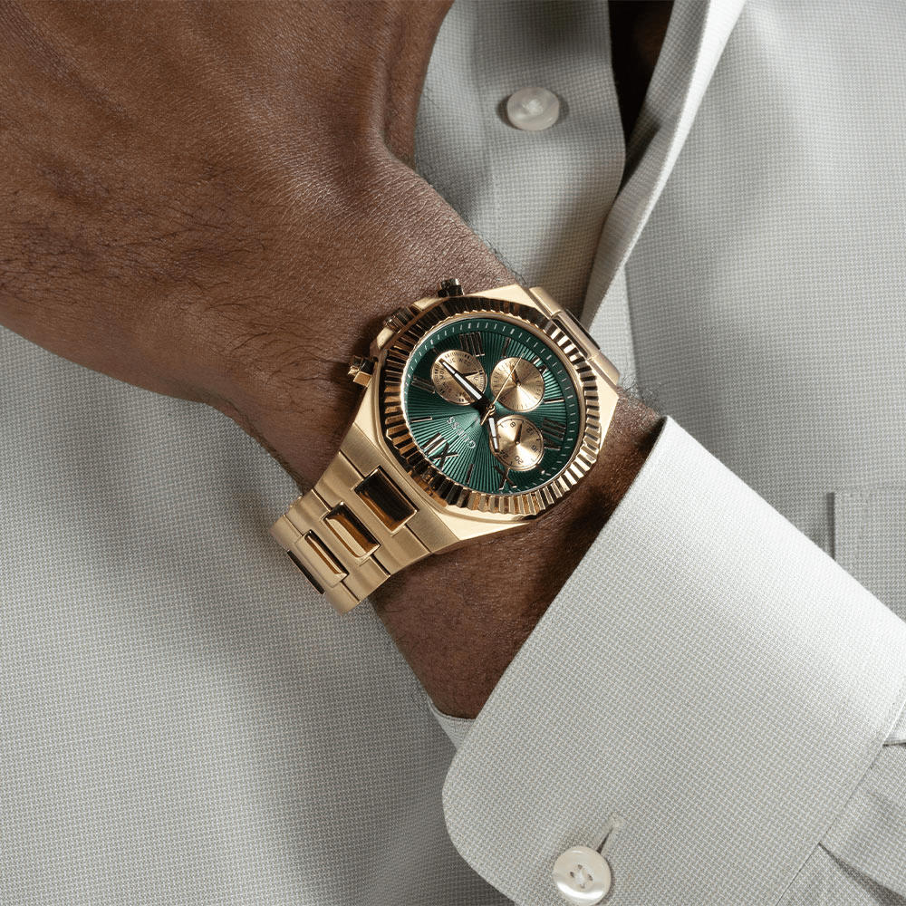 Guess Equity Brushed Gold Tone Case With Polished Gold Tone Bezel With Sunray Green Multifunction Dial And Brushed And Polished Gold Tone Bracelet GW0703G2 Watches Guess 