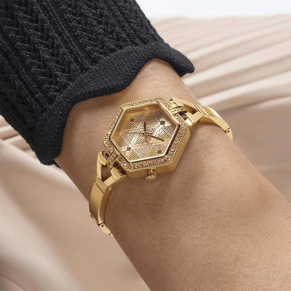 Guess Audrey Polished Gold Tone Case With Crystals Sunray Champagne Glitz Dial And Polished Gold Tone Bracelet With Adjustable G Links GW0680L2 Watches Guess 