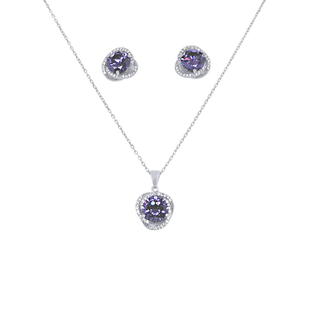 Swirl Stud Earrings and Necklace Set with Purple Cubic Zirconia in Sterling Silver Bevilles 