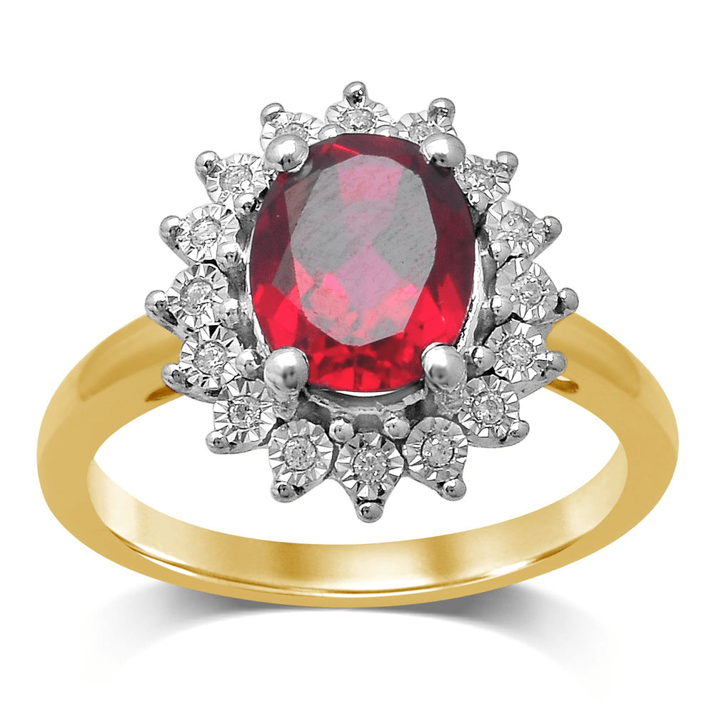 Created Ruby Diamond Halo Flower Ring in 9kt Yellow Gold Rings Bevilles 