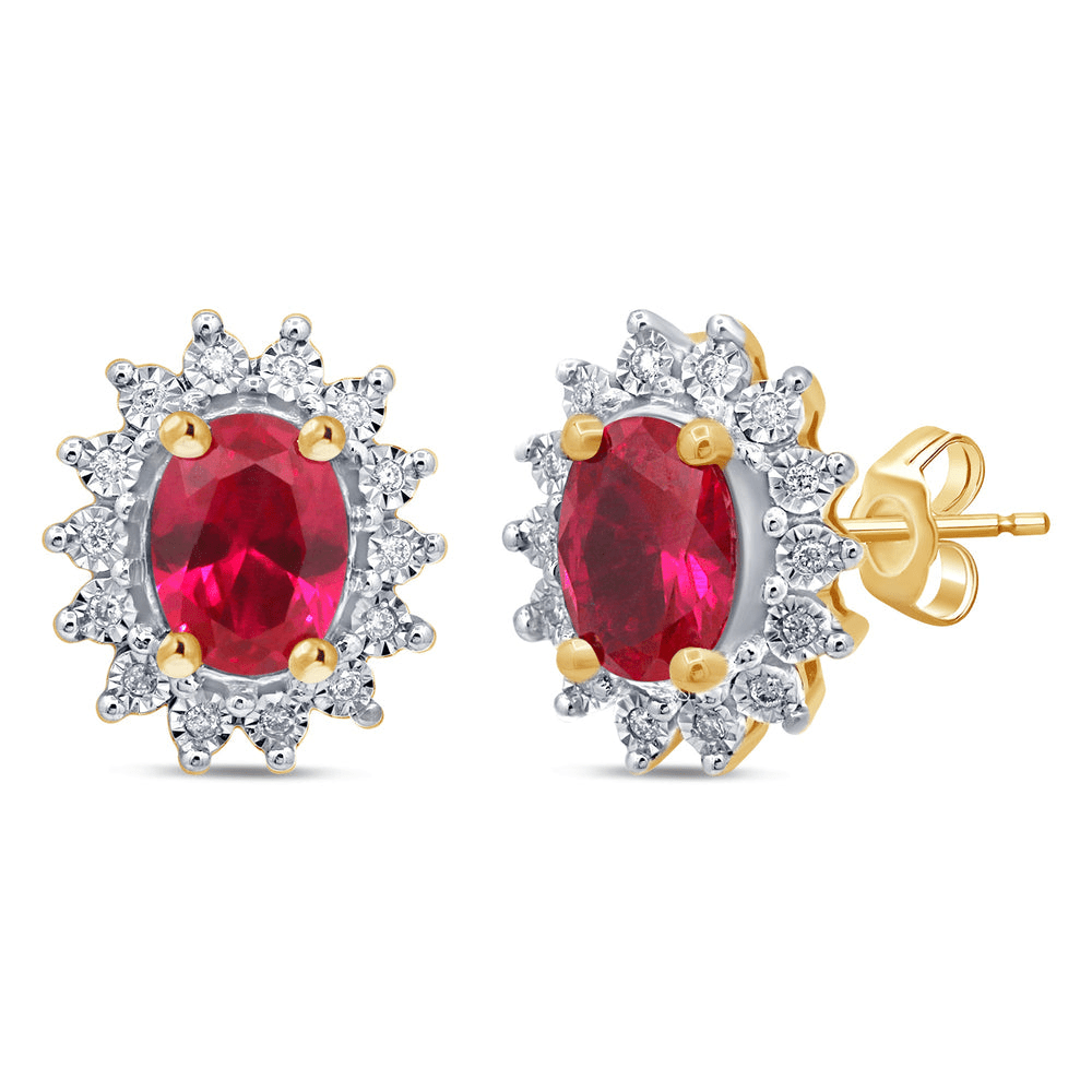 Created Ruby Halo Flower Stud Earrings with 0.10tw of Diamonds in 9kt Yellow Gold Earrings Bevilles 