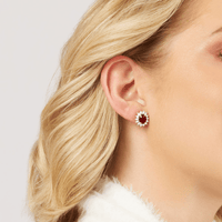 Created Ruby Halo Flower Stud Earrings with 0.10tw of Diamonds in 9kt Yellow Gold Earrings Bevilles 
