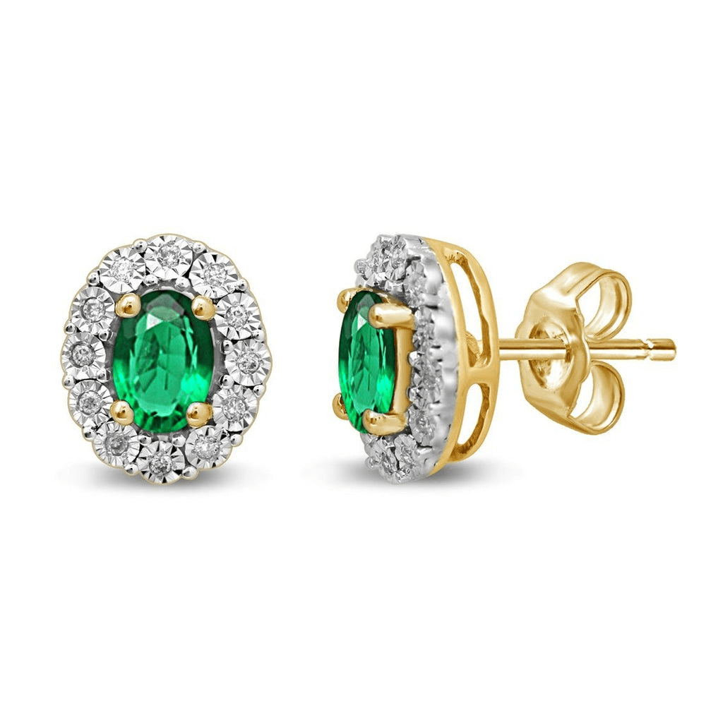 Created Emerald and Diamond Oval Halo Stud Earrings in 9kt Yellow Gold Earrings Bevilles 