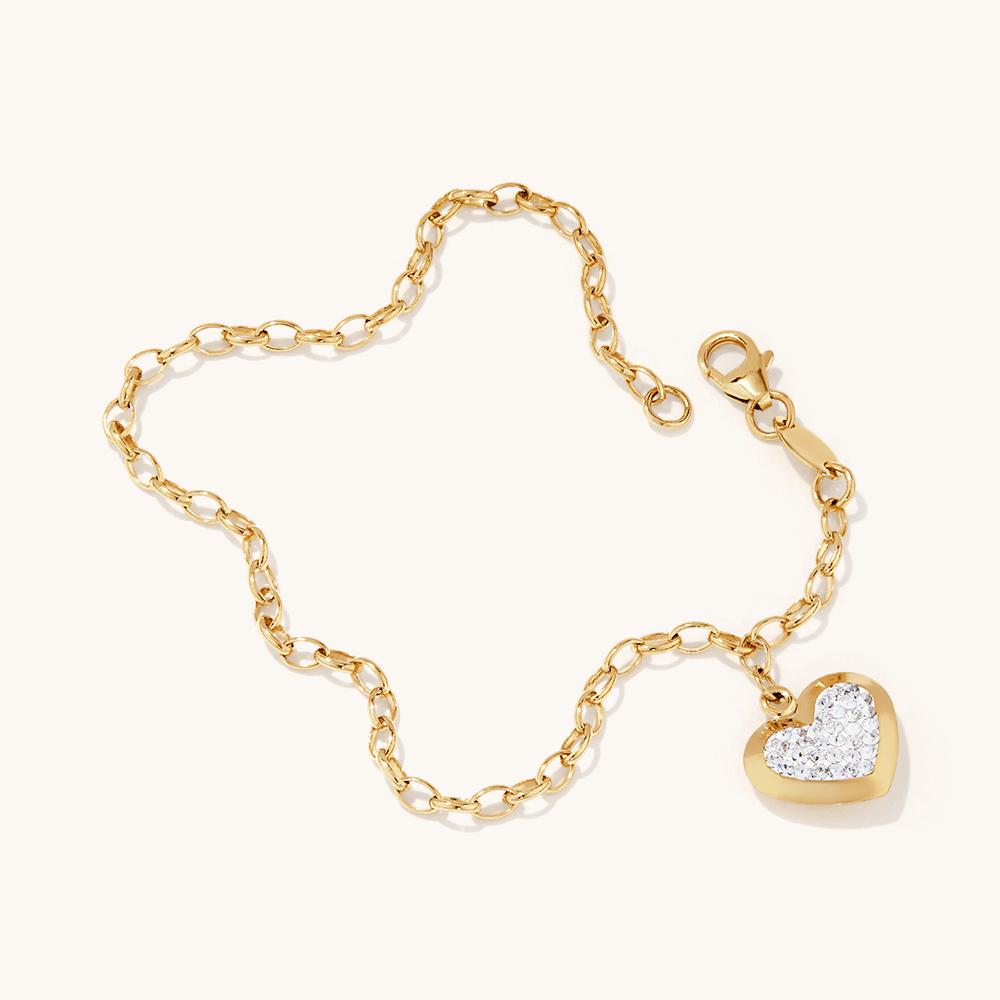 19cm Crystal Heart Charm Bracelet in 9kt Bonded Gold Silver Filled Bracelets Bevilles 