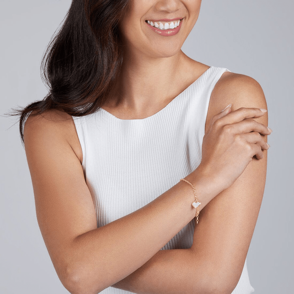 19cm Crystal Heart Charm Bracelet in 9kt Yellow Bonded Gold Bracelets Bevilles 