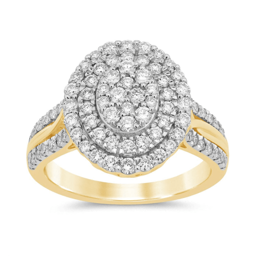 Meera Double Halo Oval Shaped Ring with 1.00ct of Laboratory Grown Diamonds in 9ct Yellow Gold Rings Bevilles Jewellers 