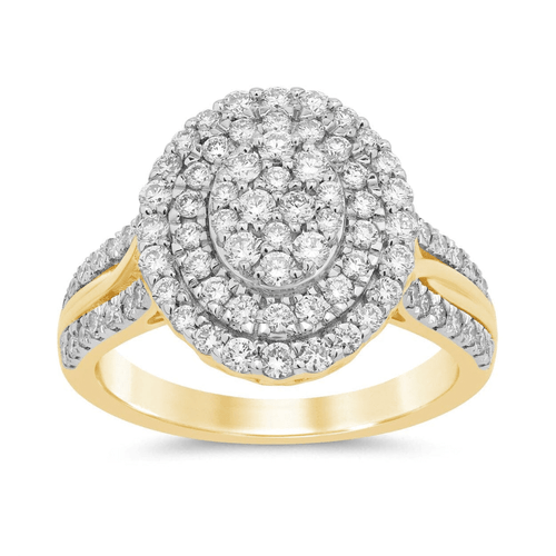 Meera Double Halo Oval Shaped Ring with 1.00ct of Laboratory Grown Diamonds in 9ct Yellow Gold Rings Bevilles Jewellers 