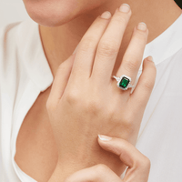 Created Emerald Halo Shoulder Ring with 0.50tw of Diamonds in 9kt White Gold Rings Bevilles 