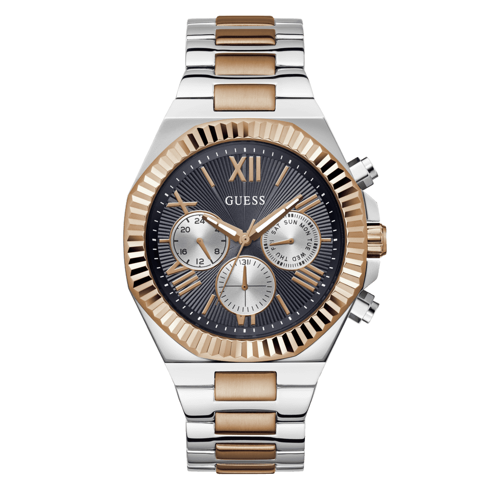 Guess Equity Brushed Silver Tone Case With Polished Rose Gold Tone Bezel With Sunray Navy Multifunction Dial And Brushed And Polished Two Tone Bracelet GW0703G4 Watches Guess 