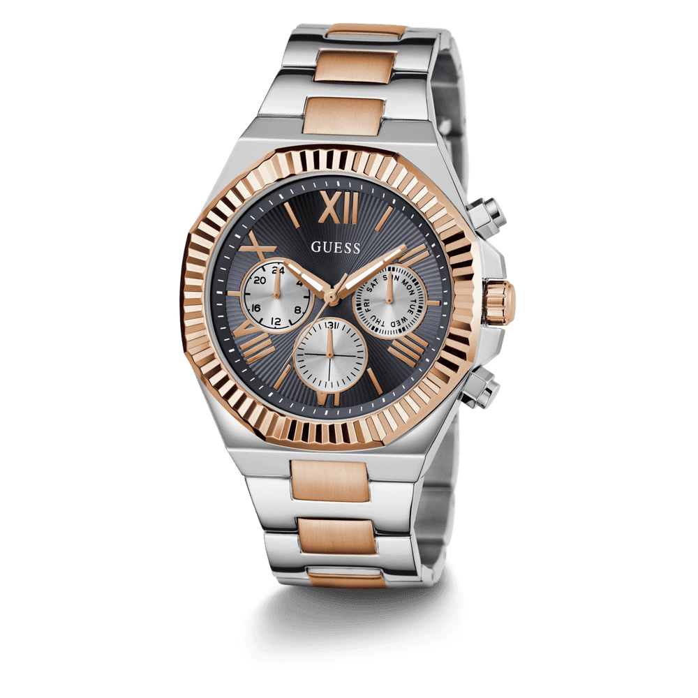 Guess Equity Brushed Silver Tone Case With Polished Rose Gold Tone Bezel With Sunray Navy Multifunction Dial And Brushed And Polished Two Tone Bracelet GW0703G4 Watches Guess 