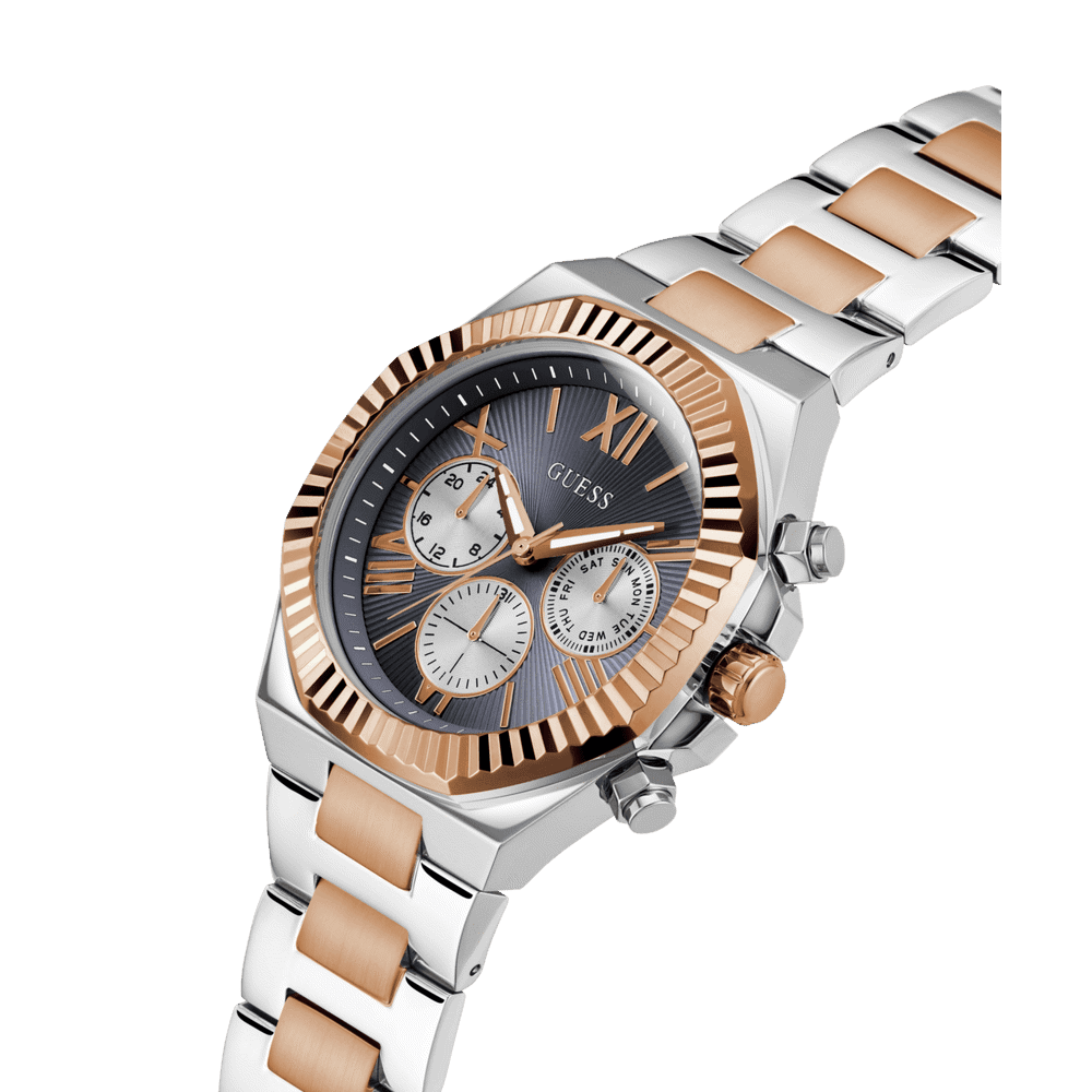 Guess Equity Brushed Silver Tone Case With Polished Rose Gold Tone Bezel With Sunray Navy Multifunction Dial And Brushed And Polished Two Tone Bracelet GW0703G4 Watches Guess 