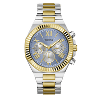 Guess Equity Brushed Silver Tone Case With Polished Gold Tone Bezel With Sunray Glacial Blue Multifunction Dial And Brushed And Polished Two Tone Bracelet GW0703G3 Watches Guess 