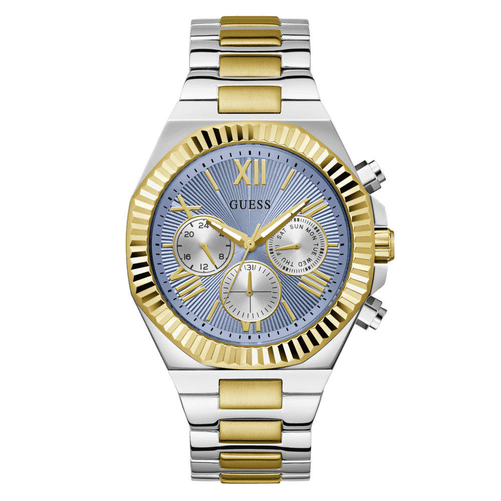Guess Equity Brushed Silver Tone Case With Polished Gold Tone Bezel With Sunray Glacial Blue Multifunction Dial And Brushed And Polished Two Tone Bracelet GW0703G3 Watches Guess 