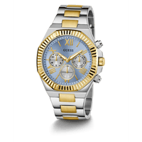 Guess Equity Brushed Silver Tone Case With Polished Gold Tone Bezel With Sunray Glacial Blue Multifunction Dial And Brushed And Polished Two Tone Bracelet GW0703G3 Watches Guess 