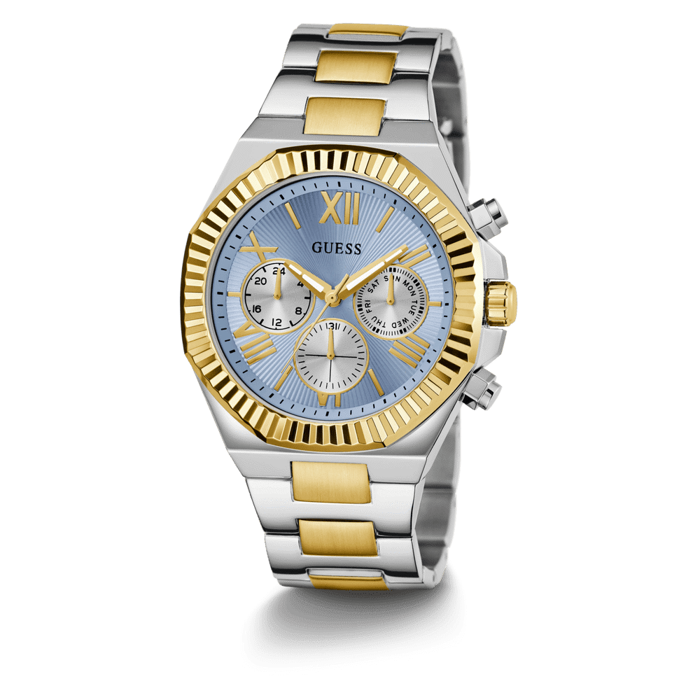 Guess Equity Brushed Silver Tone Case With Polished Gold Tone Bezel With Sunray Glacial Blue Multifunction Dial And Brushed And Polished Two Tone Bracelet GW0703G3 Watches Guess 