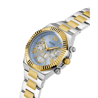 Guess Equity Brushed Silver Tone Case With Polished Gold Tone Bezel With Sunray Glacial Blue Multifunction Dial And Brushed And Polished Two Tone Bracelet GW0703G3 Watches Guess 