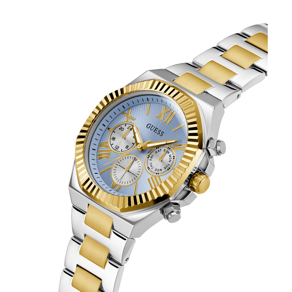 Guess Equity Brushed Silver Tone Case With Polished Gold Tone Bezel With Sunray Glacial Blue Multifunction Dial And Brushed And Polished Two Tone Bracelet GW0703G3 Watches Guess 