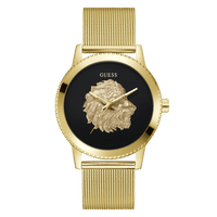 Guess Monarch Polished Gold Tone Case Sunray Black Dial With A Polished Gold Tone Lion And Polished Gold Tone Mesh Bracelet GW0702G1 Watches Guess 
