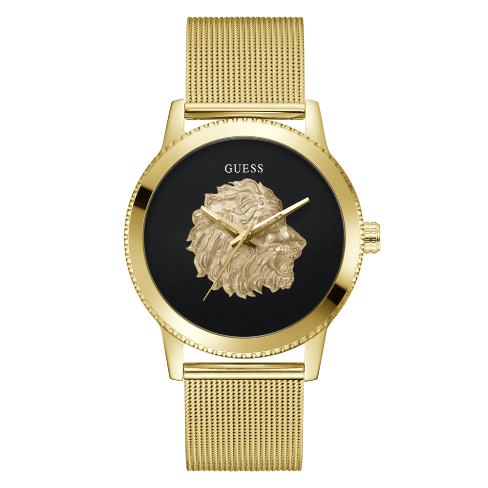 Guess Monarch Polished Gold Tone Case Sunray Black Dial With A Polished Gold Tone Lion And Polished Gold Tone Mesh Bracelet GW0702G1 Watches Guess 