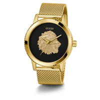 Guess Monarch Polished Gold Tone Case Sunray Black Dial With A Polished Gold Tone Lion And Polished Gold Tone Mesh Bracelet GW0702G1 Watches Guess 