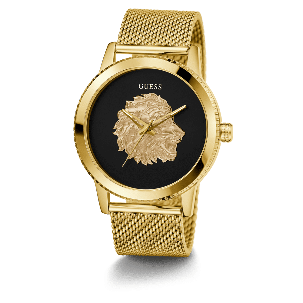 Guess Monarch Polished Gold Tone Case Sunray Black Dial With A Polished Gold Tone Lion And Polished Gold Tone Mesh Bracelet GW0702G1 Watches Guess 