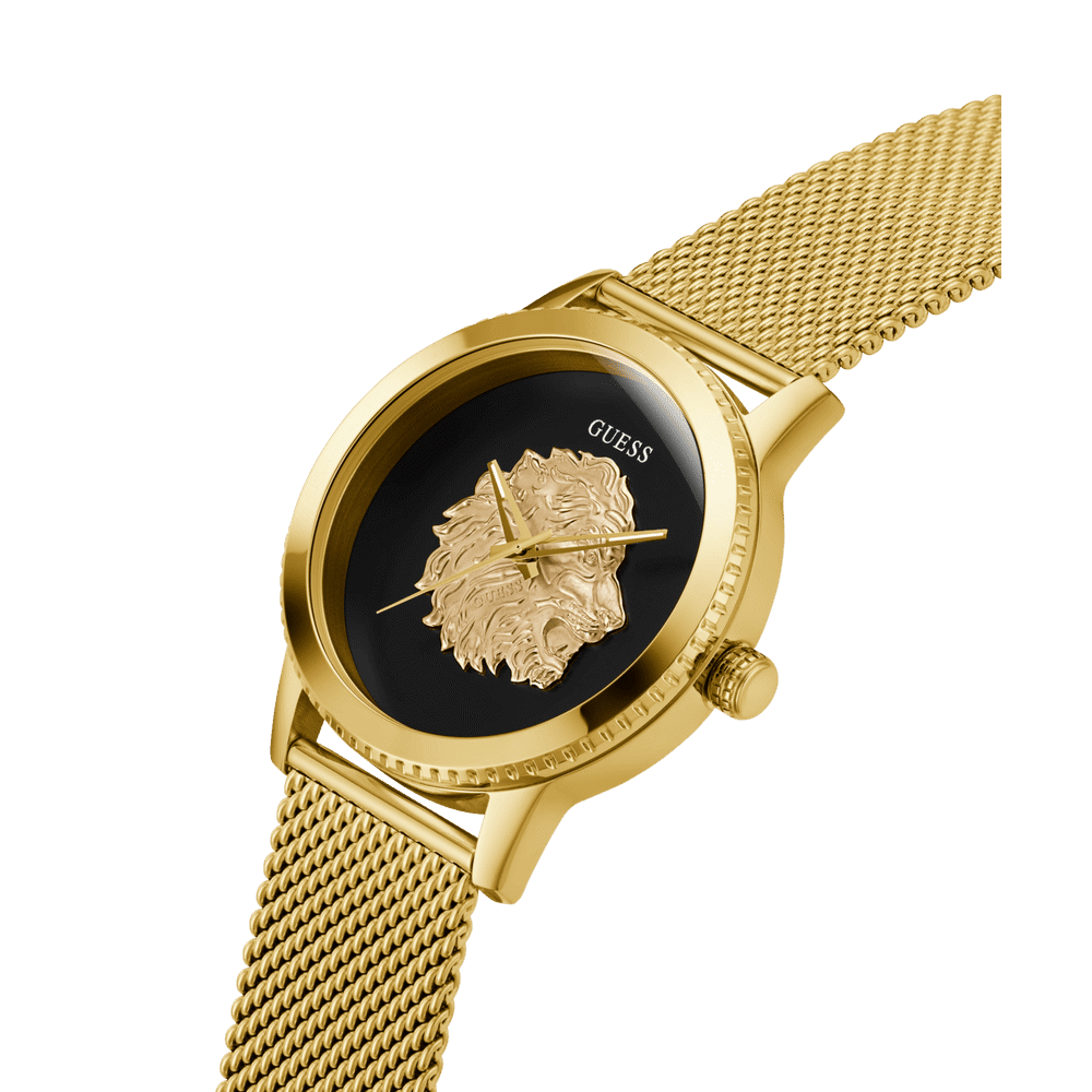 Guess Monarch Polished Gold Tone Case Sunray Black Dial With A Polished Gold Tone Lion And Polished Gold Tone Mesh Bracelet GW0702G1 Watches Guess 