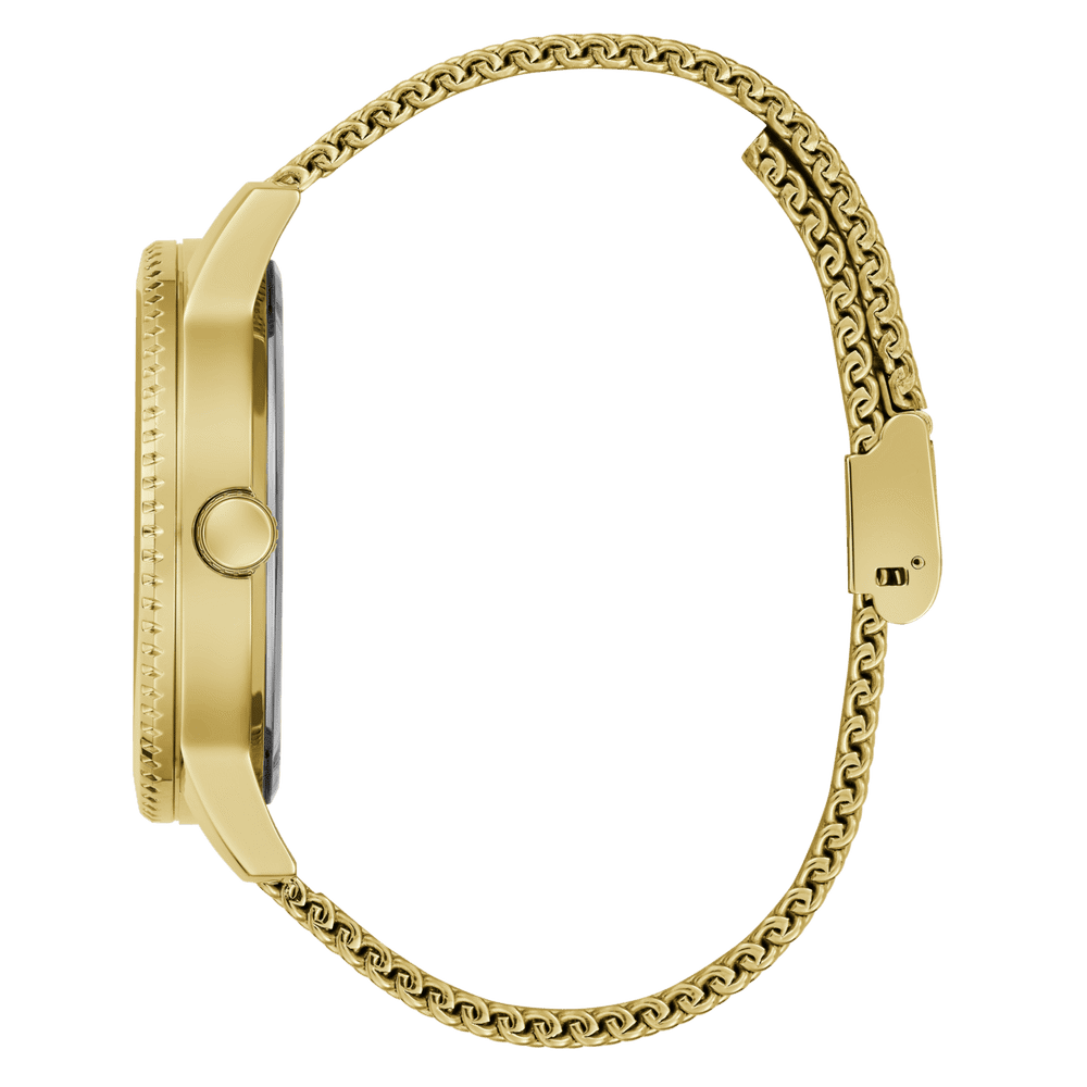 Guess Monarch Polished Gold Tone Case Sunray Black Dial With A Polished Gold Tone Lion And Polished Gold Tone Mesh Bracelet GW0702G1 Watches Guess 