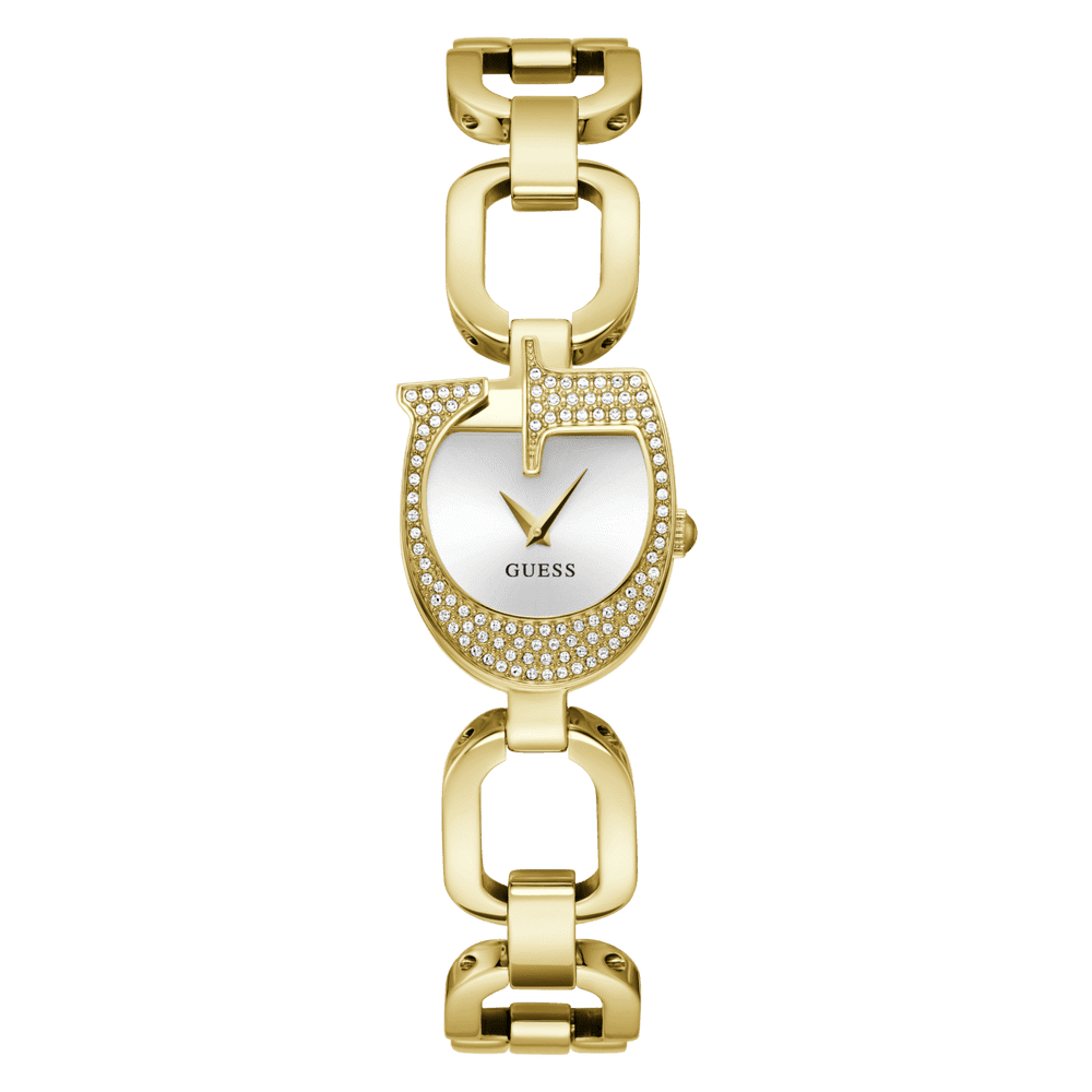 Guess Gia Polished Gold Tone Logo Case With Crystals Sunray Silver Dial And Polished Gold Tone Bracelet With Adjustable G Links GW0683L2 Watches Guess 