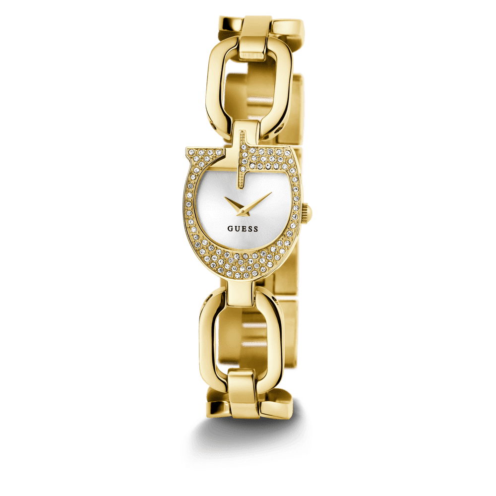 Guess Gia Polished Gold Tone Logo Case With Crystals Sunray Silver Dial And Polished Gold Tone Bracelet With Adjustable G Links GW0683L2 Watches Guess 