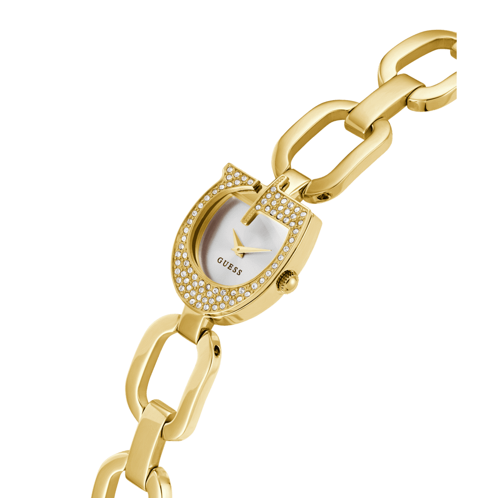 Guess Gia Polished Gold Tone Logo Case With Crystals Sunray Silver Dial And Polished Gold Tone Bracelet With Adjustable G Links GW0683L2 Watches Guess 