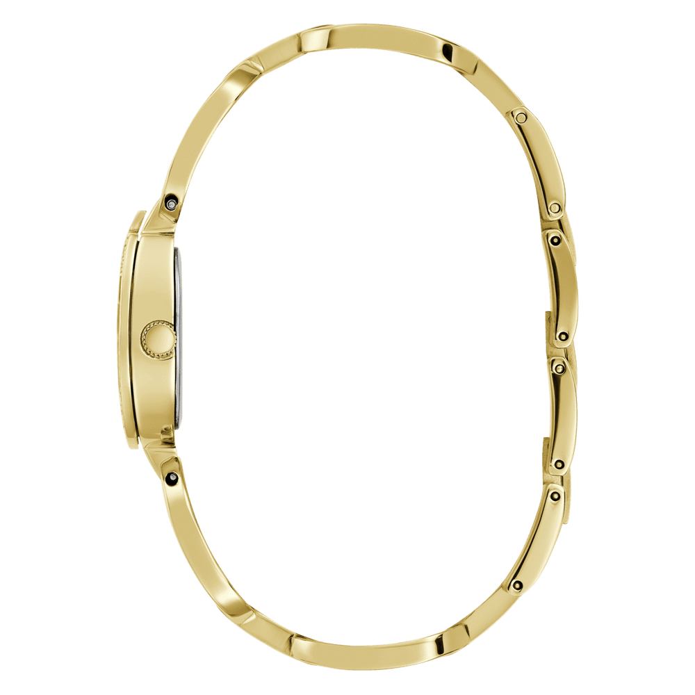 Guess Gia Polished Gold Tone Logo Case With Crystals Sunray Silver Dial And Polished Gold Tone Bracelet With Adjustable G Links GW0683L2 Watches Guess 
