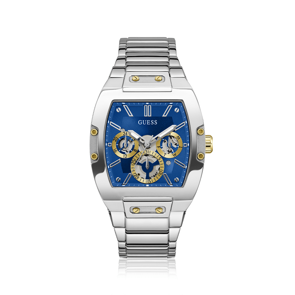 Guess Phoenix Polished Silver Tone Case Sunray Blue Cut Thru Multifunction Dial And Polished Silver Tone Bracelet GW0456G5 Watches Guess 