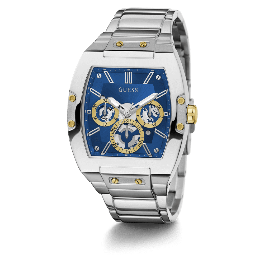 Guess Phoenix Polished Silver Tone Case Sunray Blue Cut Thru Multifunction Dial And Polished Silver Tone Bracelet GW0456G5 Watches Guess 