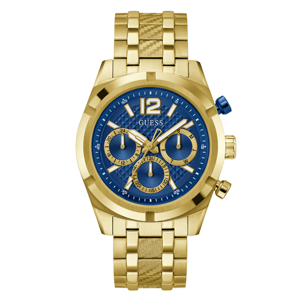 Guess Resistance Brushed Gold Tone Case With Polished Gold Tone Bezel Sunray Blue Multifunction With A Brushed And Polished Gold Tone Bracelet GW0714G2 Watches Guess 