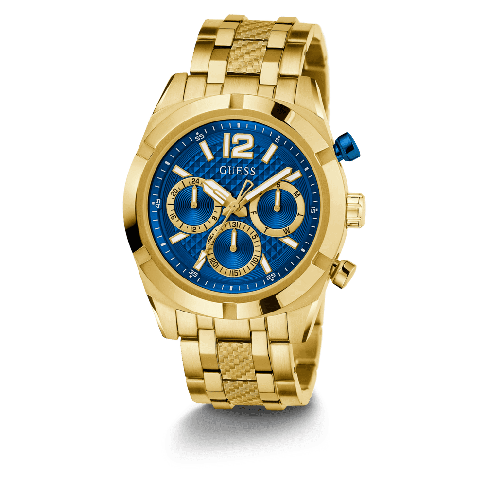 Guess Resistance Brushed Gold Tone Case With Polished Gold Tone Bezel Sunray Blue Multifunction With A Brushed And Polished Gold Tone Bracelet GW0714G2 Watches Guess 