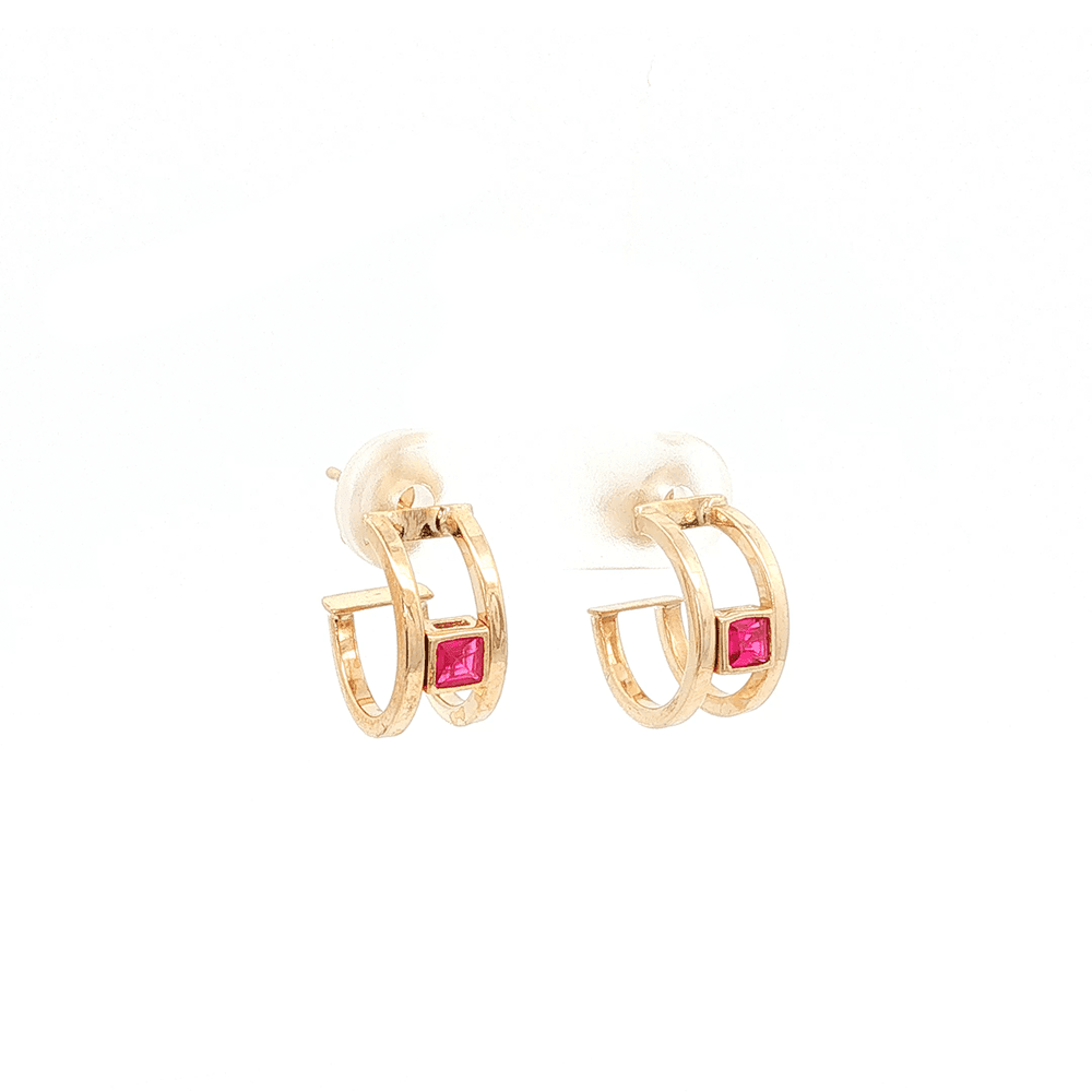 Red Cubic Zirconia Princess Cut Open J-Hoops in 9kt Yellow Gold Earrings Bevilles 