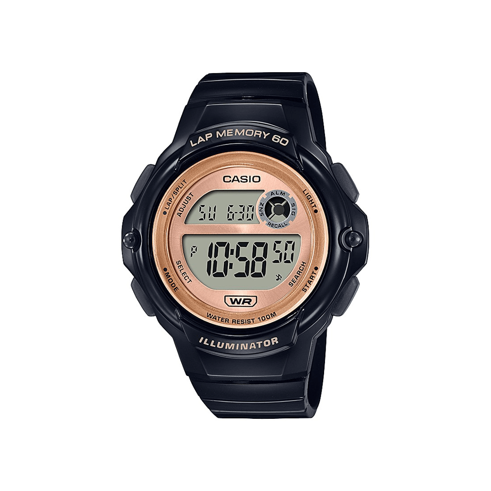 Casio Ladies Digital Lap 60 100M W R Lap Memory Alarm BlkRose Gold Res