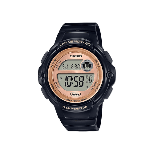 Casio Ladies Digital Lap 60 100M W/R Lap Memory Alarm BlkRose Gold Resin Band LWS1200H-1A Bevilles Jewellers 