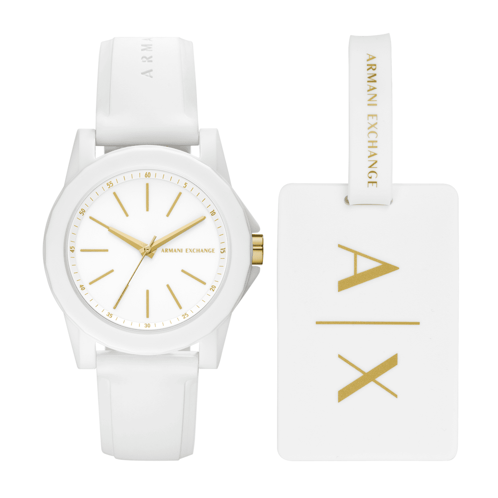 Armani Exchange Three-Hand White Silicone Watch and Luggage Tag Gift Set AX7126 Watches Armani Exchange 