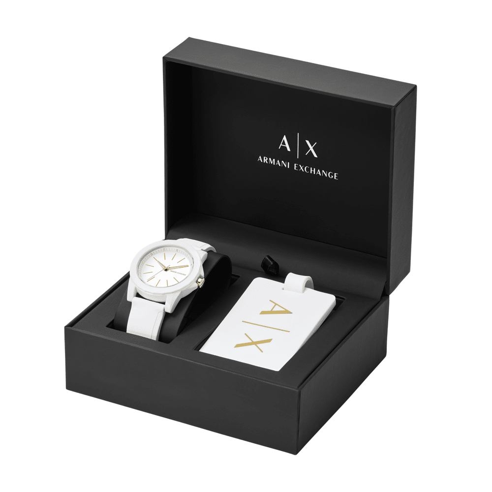 Armani Exchange Three-Hand White Silicone Watch and Luggage Tag Gift Set AX7126 Watches Armani Exchange 